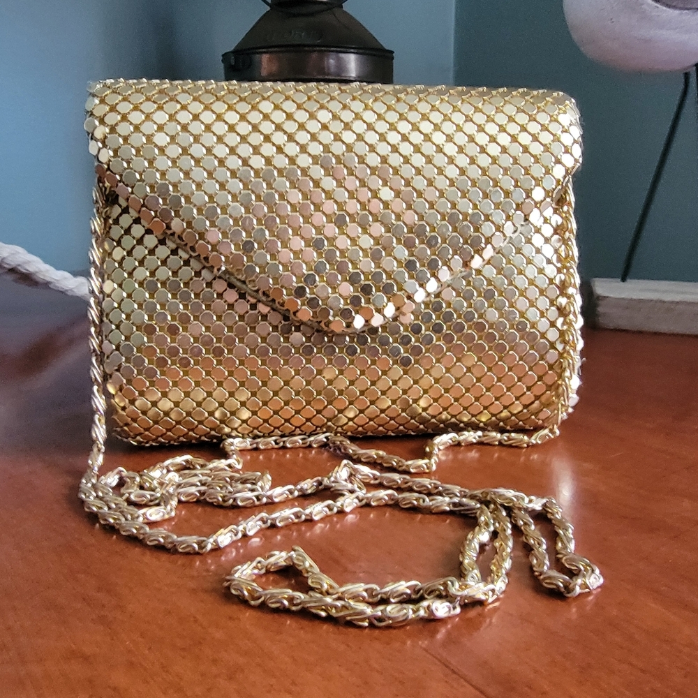 Vintage Gold Metal Mesh Envelope Clutch Chain Crossbody Evening Bag